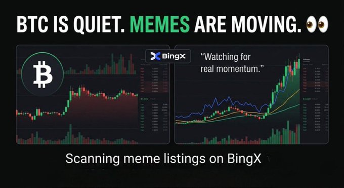 A promotional graphic titled 'BTC IS QUIET. MEMES ARE MOVING.' comparing two BingX trading charts, featuring a Bitcoin logo and the tagline 'Watching for real momentum.' with 'Scanning meme listings on BingX' at the bottom.