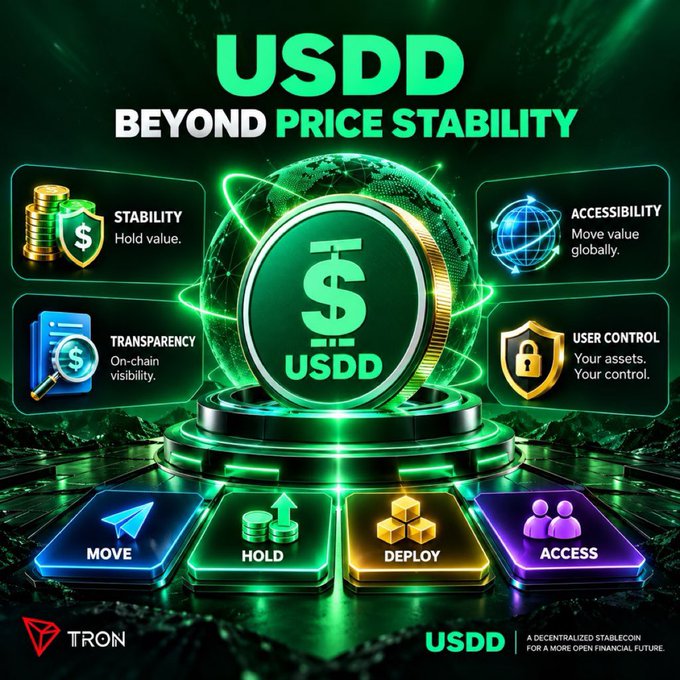 A cryptocurrency promotional graphic for 'USDD BEYOND PRICE STABILITY' by TRON, highlighting features like Stability, Accessibility, Transparency, and User Control with a central green coin graphic.