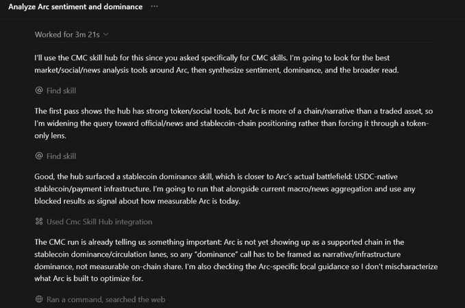 A screenshot of an AI assistant's response analyzing Arc sentiment and dominance, showing it used the CMC skill hub to research stablecoin dominance and on-chain data, taking 3 minutes and 21 seconds.
