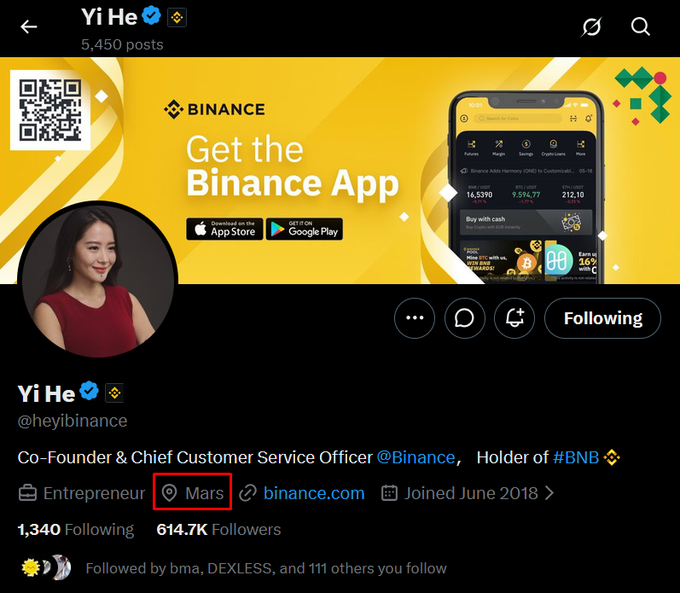 The image shows the X/Twitter profile of Yi He (@heyibinance), Co-Founder of Binance, with her location highlighted as "Mars." This connects to the post about $MarsCoin on BSC, as Yi He's listed location appears to reference Mars, which the post frames as bullish for the MarsCoin project.