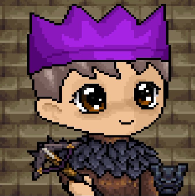 A pixel art illustration shows a chibi-style character with large brown eyes wearing a purple crown and dark scale armor, holding a small axe.