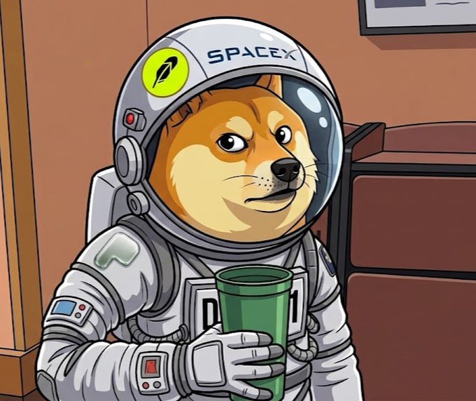 A cartoon illustration of a Shiba Inu dog wearing a SpaceX spacesuit holding a green cup.