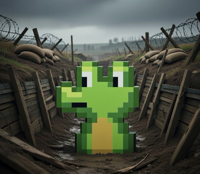 A pixelated green dragon-like creature stands in a muddy World War I trench lined with sandbags and barbed wire.