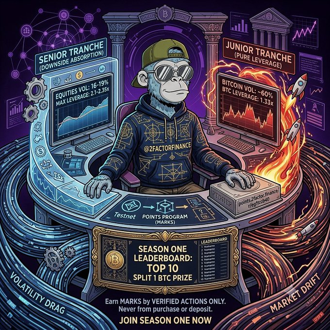 A vibrant promotional graphic for @2FACTORFINANCE shows a monkey in sunglasses at a control desk with screens labeled 'SENIOR TRANCHE (DOWNSIDE ABSORPTION)' for Equities Vol 16-19% and 'JUNIOR TRANCHE (PURE LEVERAGE)' for Bitcoin Vol ~60%, advertising 'SEASON ONE LEADERBOARD: TOP 10 SPLIT 1 BTC PRIZE.'