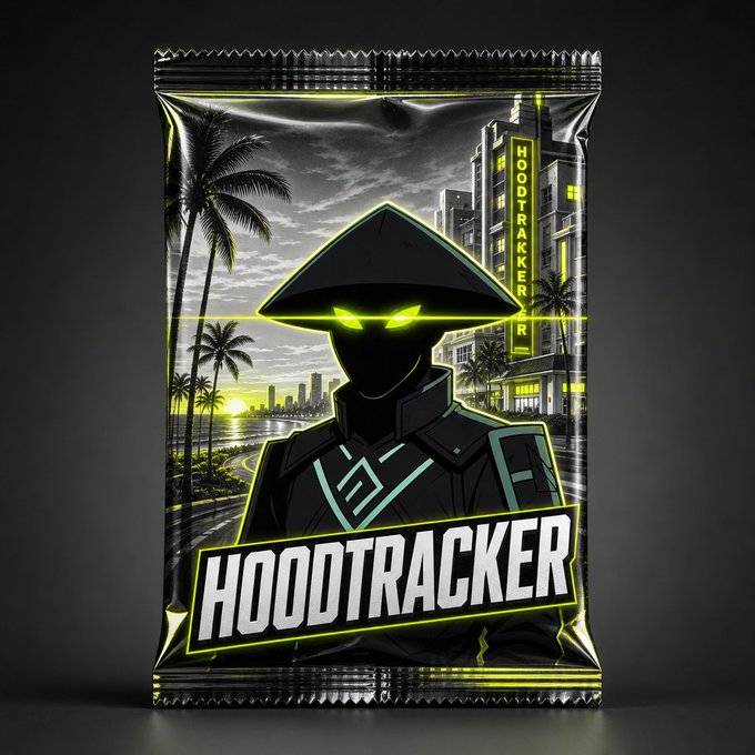 A neon-green and black snack bag labeled "HOOTRACKER" features a hooded cyborg with glowing green eyes against a city skyline with palm trees.