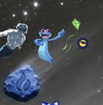 A cartoon space scene featuring a blue gecko character flying a kite alongside a floating astronaut, set against a starry background with asteroids.