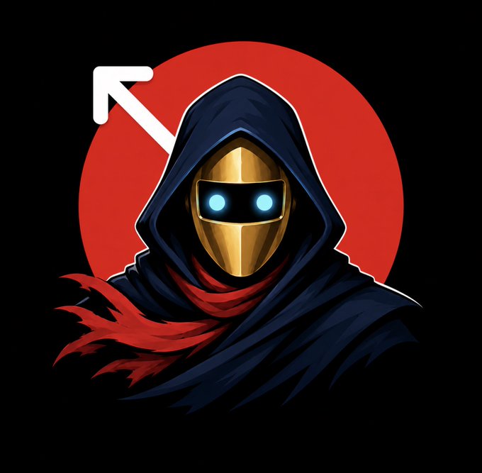 Digital illustration of a hooded figure wearing a gold mask with glowing blue eyes, set against a red circle with a white arrow in the top left corner.