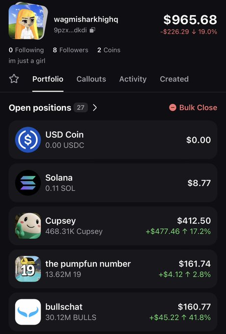 The image shows a Pumpfun portfolio screenshot for user "wagmisharkhighiq" with a total value of $965.68 (down $226.29 or 19.0%), displaying open positions including Cupsey (+$477.46), the pumpfun number (+$4.12), and bullschat (+$45.22). The caption relates to the post by showing the user's Pumpfun mobile app portfolio that they just signed into, with their "im just a girl" bio and current holdings visible.