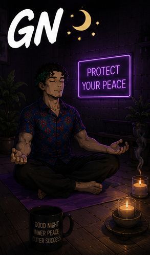 An illustrated character meditating peacefully with 'GN' (Good Night), a crescent moon, and a neon 'PROTECT YOUR PEACE' sign in the background; a mug reads 'GOOD NIGHT INNER PEACE OUTER SUCCESS'.