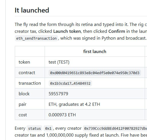 A webpage titled 'It launched' documenting a token launch, showing details for 'first launch' including token 'test (TEST)', a contract address, transaction hash, block 59557979, and ETH pair information.