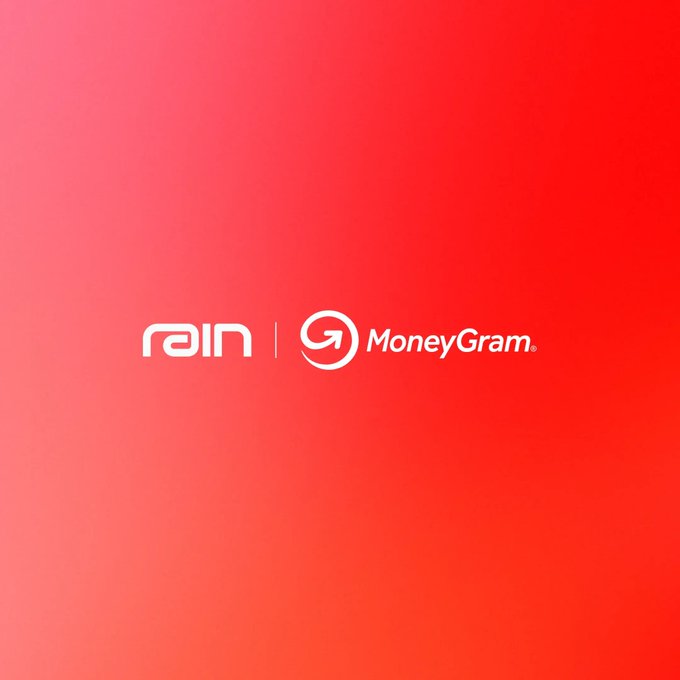 A red gradient background displays the white logos for 'rain' and 'MoneyGram' side by side, suggesting a partnership or integration announcement.