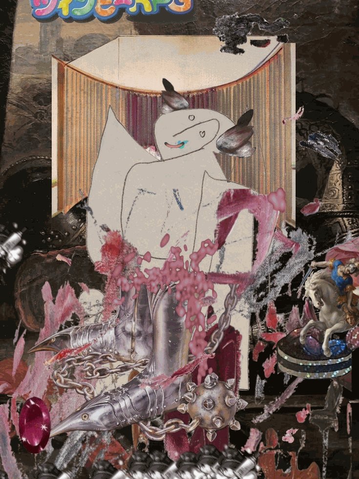 The image features a collage of various elements, including a white figure with wings, a pink bird, a silver chain, and a red heart. The collage also includes text that reads "Angel Cop minting now @vvvdotso vvv.so/angel-cop". This suggests that the artist has created this piece to convey a message or tell a story related to Angel Cop, possibly as part of an art project or social media post.

The image is quite colorful and visually striking, with different shapes, colors, and textures coming together to create a unique composition. The presence of the text in the image further emphasizes the artistic intent behind this piece.