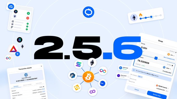 Promotional graphic announcing version '2.5.6' featuring various crypto/Web3 platform screenshots including transaction details, swap interfaces, and connectivity icons around a central Bitcoin logo.