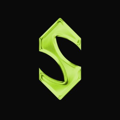 A glossy green geometric "S" symbol rendered in 3D against a black background.