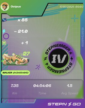 A STEPN GO app screenshot showing walking stats with 85 sneakers, 27 minutes, 7.35 km, 04:54:06 time, and 1.5 avg speed, dated 11/07/2025.