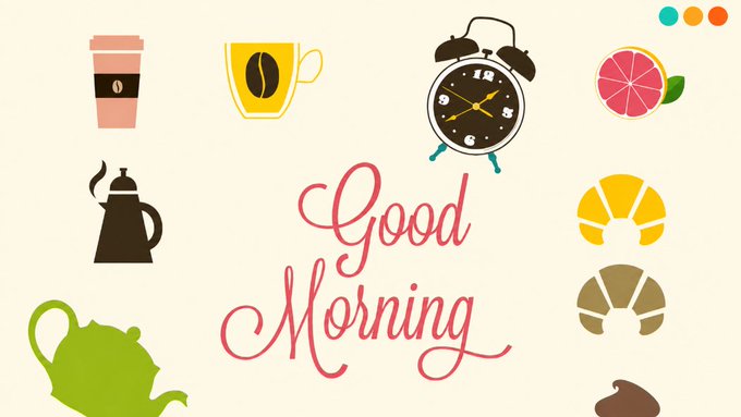 A 'Good Morning' graphic featuring the text in pink cursive, surrounded by flat-design illustrations of coffee cups, an alarm clock, a teapot, a grapefruit, and croissants.