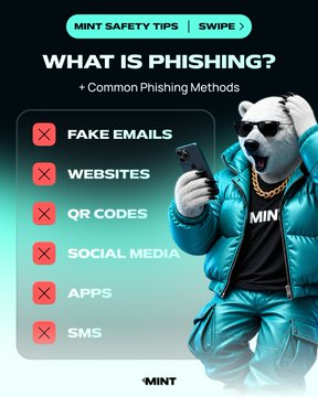 An infographic from MINT titled 'WHAT IS PHISHING?' lists common phishing methods including fake emails, websites, QR codes, social media, apps, and SMS, accompanied by an image of a bear character in sunglasses.
