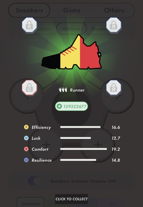 The image shows a screenshot of an app's user interface, which displays information about a shoe with a rainbow design. The app has a "StepN" button at the bottom left corner that appears to be related to the shoe's features or settings.