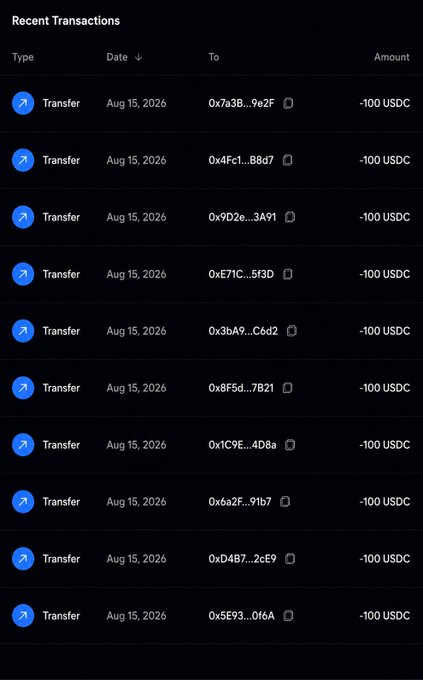 A list of 10 recent USDC transfer transactions, each for -100 USDC, sent to various wallet addresses on Aug 15, 2026, likely representing the creator fulfilling their promise of blessing followers with $100 USDC.