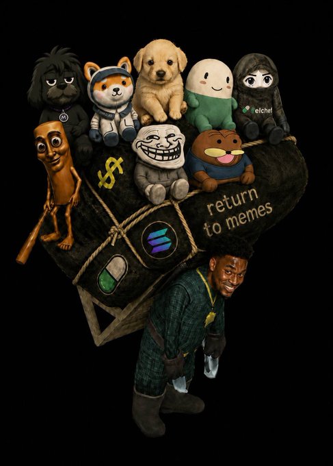 The image depicts a man struggling to carry a large sack labeled "return to memes," which is overflowing with popular meme characters including Doge, Pepe, Trollface, Wojak, and others, visually illustrating the burden and absurdity of returning to meme culture. The Solana logo and "elche!" text on the sack suggest a crypto/memecoin context, tying the meme overload to the weight of internet nostalgia.