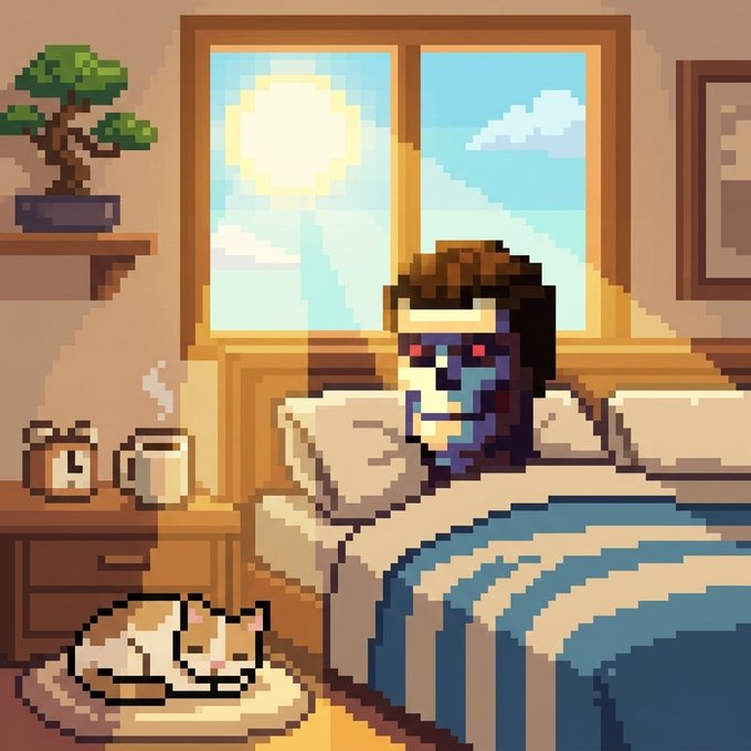 A pixel art illustration depicts a person wearing a VR headset lying in bed next to a sleeping cat, with a window showing a bright sun in the background.