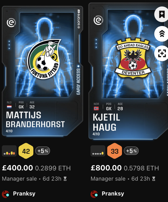 Two Sorare digital player cards are displayed side by side, featuring goalkeepers Mattijs Branderhorst (Fortuna Sittard, Netherlands, age 32) valued at £400.00 with a 42 score, and Kjetil Haug (Go Ahead Eagles Deventer, Norway, age 28) valued at £800.00 with a 33 score, both listed as manager sales by Pranksy with 6 days 23 hours remaining.