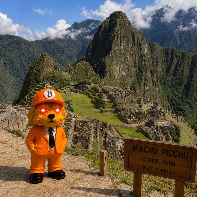 An image showing a cartoon bear character in an orange Bitcoin-themed outfit and cap standing in front of Machu Picchu, with a sign reading 'MACHU PICCHU CUSCO, PERU ELEV. 2,430 m'.