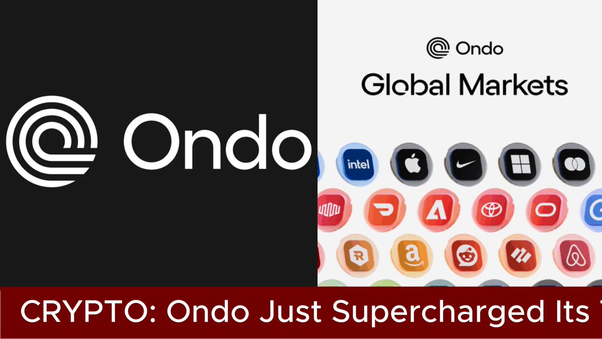 The image features a poster for an online marketplace called Ondo Global Markets. It showcases two different versions of the logo - one black and white with the word "Ondo" written in white, and another red and white color scheme with the same text. The poster also includes a list of cryptocurrency tokens that have been added to the platform by Ondo Finance. These tokens are listed under the name "Ondo Just Supercharged Its tokenized stock market Ondo Finance".