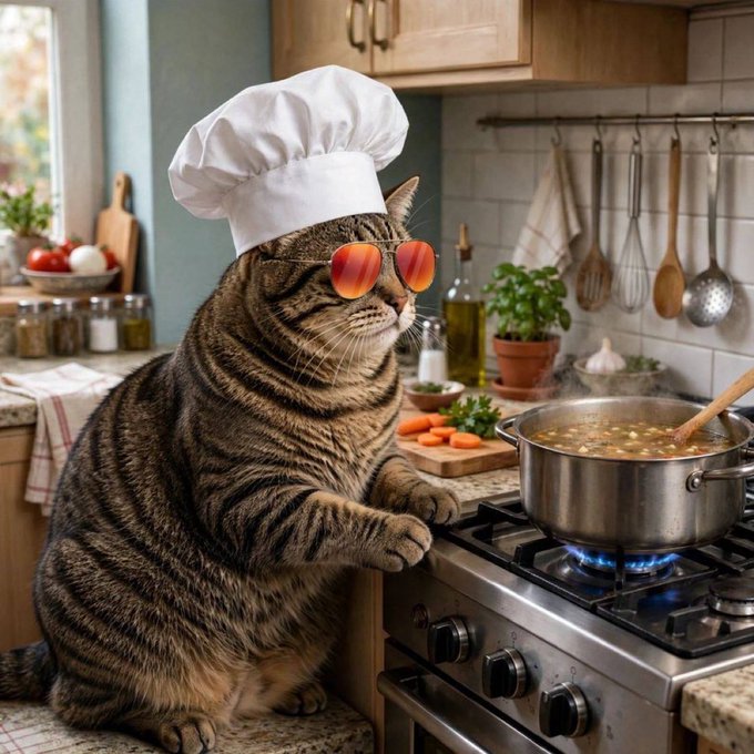 A tabby cat wearing a white chef's hat and orange-tinted sunglasses sits beside a stove, watching over a pot of simmering soup in a cozy kitchen. The whimsical image pairs with the post celebrating "Mama" as a queen, portraying the cat as a proud culinary monarch ruling her kitchen domain.