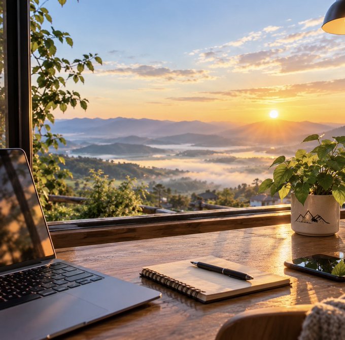 A wooden desk by a window features a laptop, notebook with pen, smartphone, and potted plant, overlooking a beautiful sunset view of mountains and a misty valley.