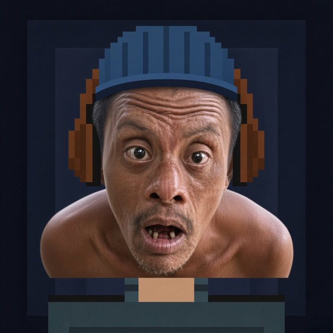 A surreal digital artwork of a man's wide-eyed, open-mouthed face superimposed on a pixelated body wearing a blue cap and headphones.