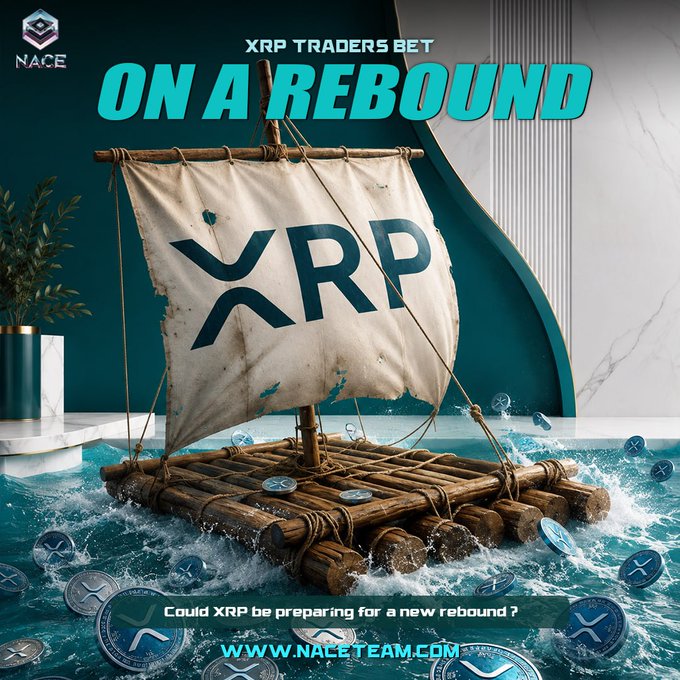 The image features a rustic wooden raft with a weathered sail prominently displaying the XRP logo, sailing through turbulent waters scattered with XRP coins, accompanied by the headline "XRP Traders Bet on a Rebound" and the caption "Could XRP be preparing for a new rebound?" along with the NACE branding and website naceteam.com, visually illustrating the post's message about traders anticipating a market recovery for XRP.