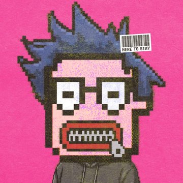 A pixelated cartoon character with spiky blue hair, glasses, and a zipper mouth is depicted on a pink background, featuring a barcode label reading "HERE TO STAY." The image reflects the post's enthusiasm for the JPEG Frens NFT collection, showcasing the distinctive pixel-art style that the user appreciates about FRENS.