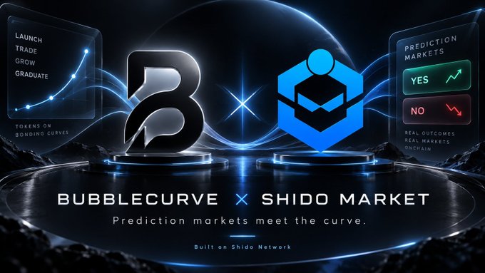 A promotional graphic with the text "BUBBLECURVE X SHIDO MARKET" and the tagline "Prediction markets meet the curve.", showing features like "LAUNCH TRADE GROW GRADUATE" and "YES/NO" outcomes.