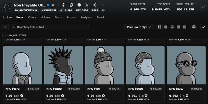 The image shows an OpenSea NFT collection page for "Non Playable Characters" by NPCONCHAIN on Ethereum, displaying 10,000 items with a floor price of 0.049 ETH and listing individual NPCs ranging from #1873 to #2797 priced around 0.05-0.06 ETH, visually supporting the post's claim that NPC is pumping toward 0.05 ETH and anticipating a rise to 0.1 ETH.