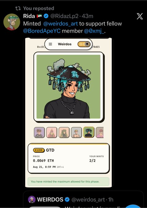 A screenshot of an X post by Rida @RidazLp2 showing the minting of a 'Weirdos' NFT for 0.0069 ETH, featuring a character with a traditional Asian conical hat.