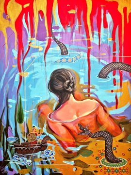 A colorful, surreal painting of a woman from behind sitting in a bathtub, with vivid red paint dripping from above and snakes winding through the composition.
