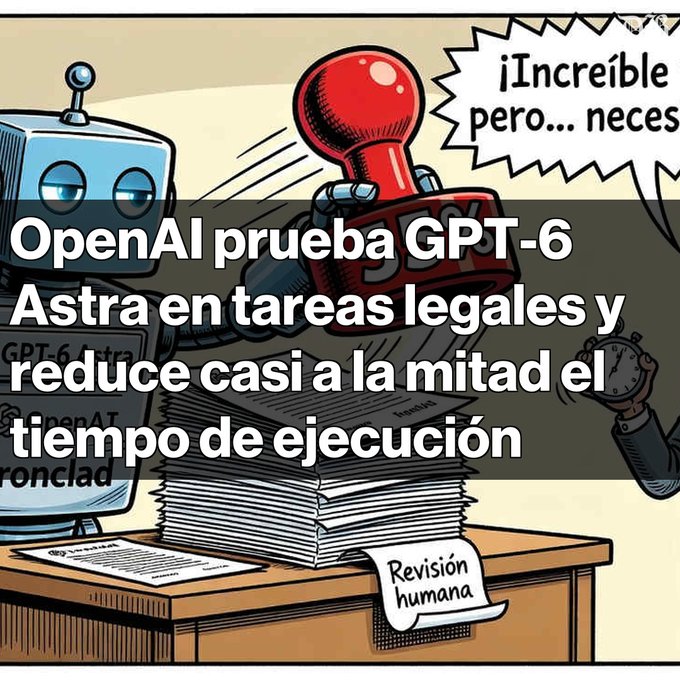 An illustrated graphic of a robot stamping documents with Spanish text reading 'OpenAI prueba GPT-6 Astra en tareas legales y reduce casi a la mitad el tiempo de ejecución'.