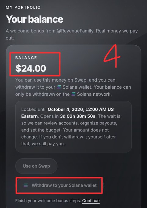A mobile screenshot showing a portfolio balance of $24.00 from @RevenueFamily, with a handwritten red "4" and red boxes highlighting the balance amount and "Withdraw to your Solana wallet" button.