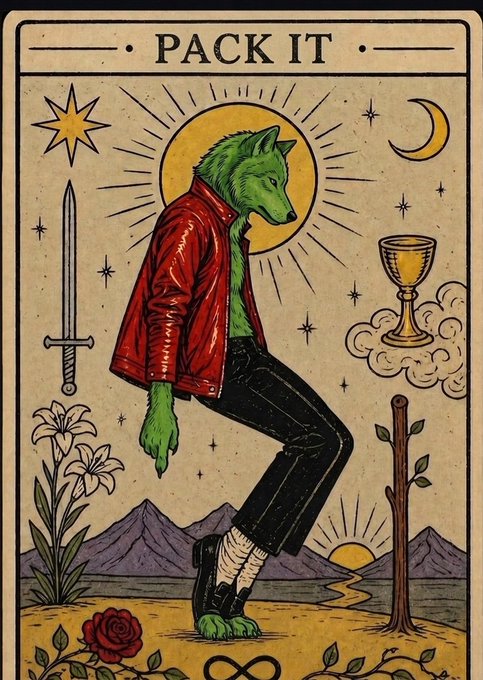 A tarot-style card titled 'PACK IT' featuring an anthropomorphic wolf-headed figure in a red jacket walking across a landscape, surrounded by astrological and tarot imagery including a sword, chalice, stars, and moon.