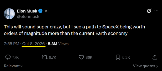 A tweet from Elon Musk (@elonmusk) dated October 8, 2026, stating 'This will sound super crazy, but I see a path to SpaceX being worth orders of magnitude more than the current Earth economy.'