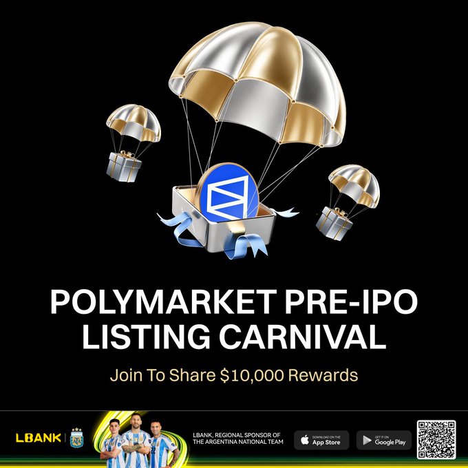 A Polymarket coin descends via gold and silver parachutes alongside gift boxes, promoting the "Polymarket Pre-IPO Listing Carnival" on LBank where participants can share $10,000 in rewards by depositing 10 USDT and completing trades.