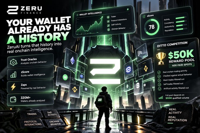 A promotional graphic for Zeru Finance stating 'YOUR WALLET ALREADY HAS A HISTORY,' highlighting features like Trust Oracles, zScore, and a Ditto Competition with a $50K reward pool.