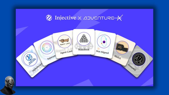 A promotional graphic for 'Injective x ADVENTURE-X' showing seven circular icons with labels including 'AlphaSwap', 'Agent Land', 'MakeBook', 'Star Aligned', and 'ShintX'.