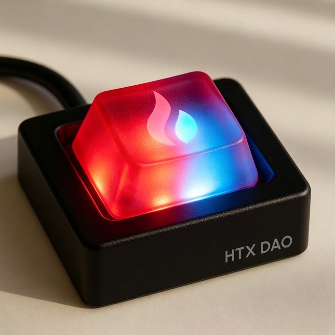 A glowing RGB keycap with a flame/droplet emblem sits atop a black switch base labeled "HTX DAO," visually representing the energetic "GM" (Good Morning) spirit behind the #HTXDAO post's call to start the day with a vibrant press.