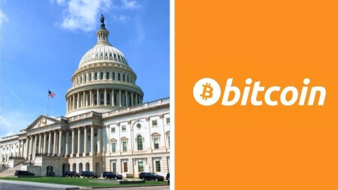 A split image shows the U.S. Capitol building on the left and the Bitcoin logo on an orange background on the right, illustrating proposed legislation for a Strategic Bitcoin Reserve at the U.S. Treasury.