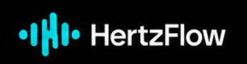 A logo for 'HertzFlow' featuring a cyan audio waveform icon next to the stylized text on a black background.