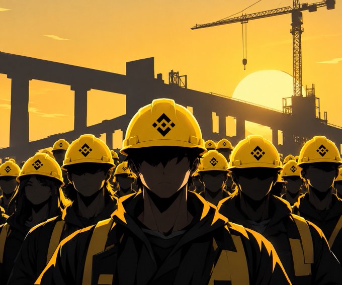 An anime-style illustration shows workers wearing yellow hard hats with the Binance logo, set against a sunset construction site with cranes.