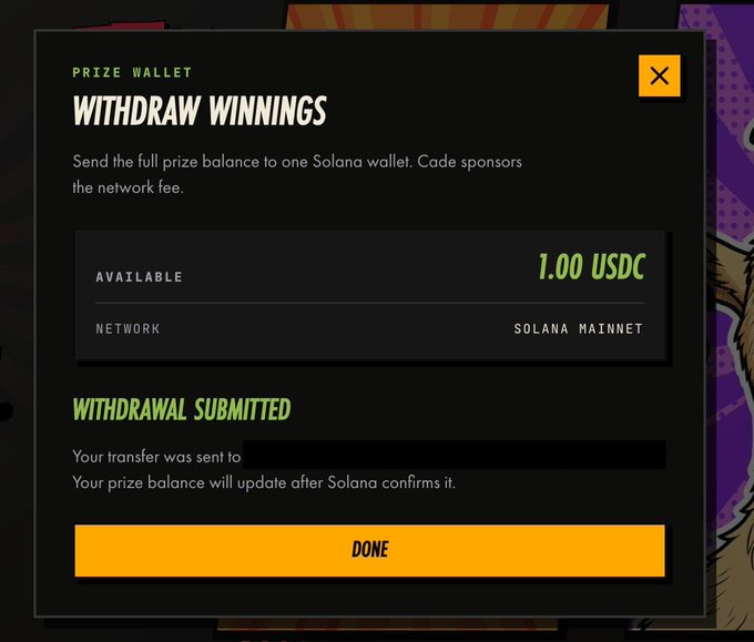 The image shows a "Withdraw Winnings" modal from a Prize Wallet interface, displaying a withdrawal of 1.00 USDC to the Solana Mainnet with a "Withdrawal Submitted" confirmation status and a wallet address (partially redacted). This relates to the post by illustrating the newly enabled external wallet withdrawal feature for Meme Madness prize winners, showing that users can now transfer their USDC prizes directly to their own Solana wallets with sponsored network fees.