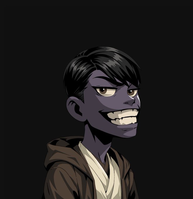 A dark, stylized illustration of a character with a sinister grin, dark skin, and black hair wearing a brown robe, set against a dark background.